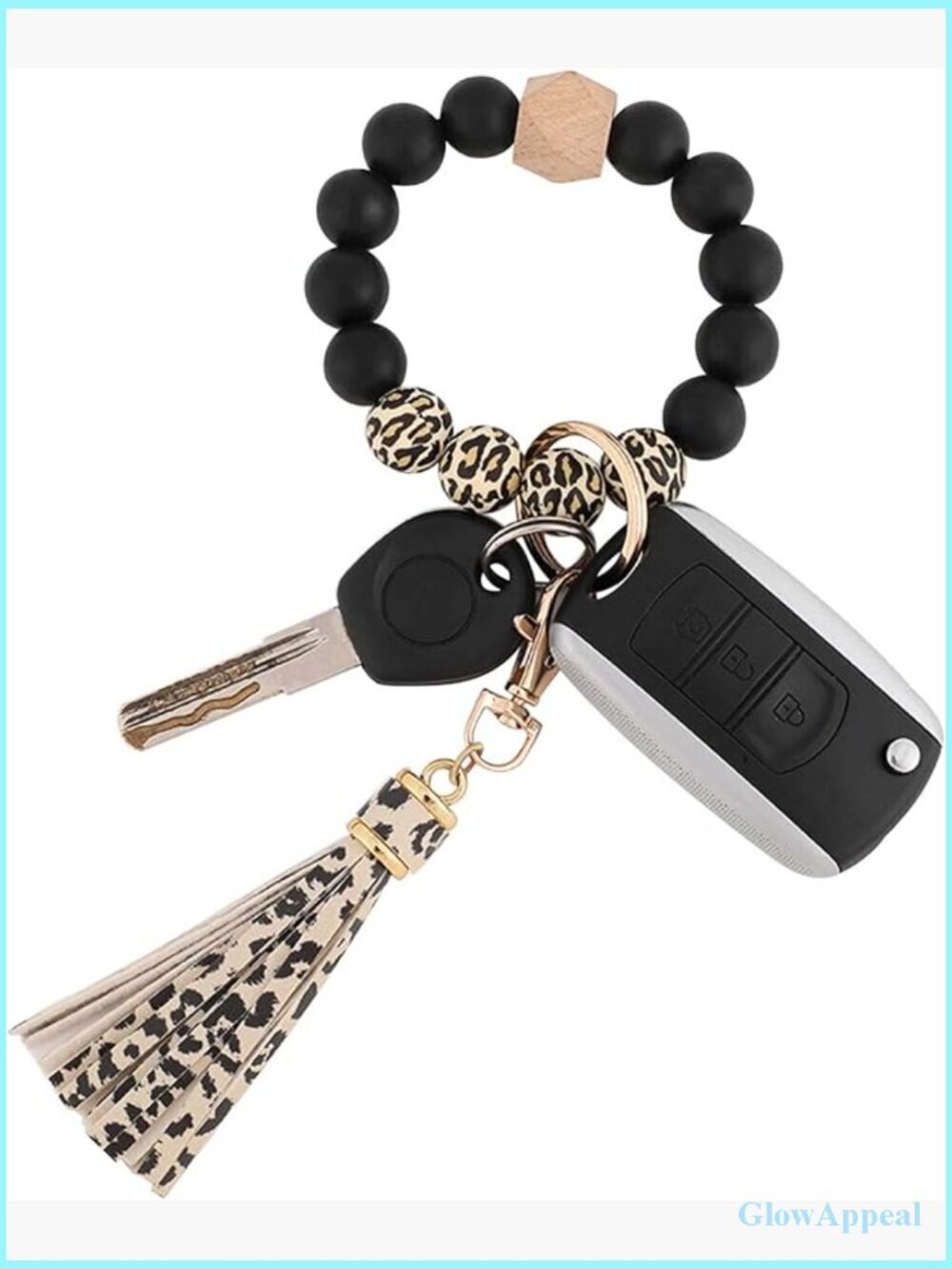 Silicone Beaded Bracelet Keychain Wristlet Key Ring Bangle with Leather Tassel